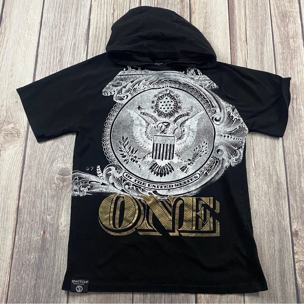 Retro Switch Remarkable One Dollar Bill America Black Hooded Shirt Tee Small S